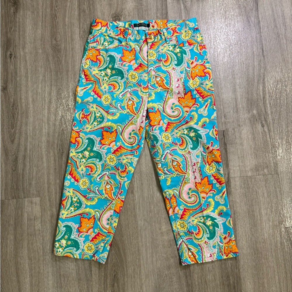 VTG Lauren Ralph Lauren Pants Women Size 4 Multi Paisley Retro Hippie Cropped